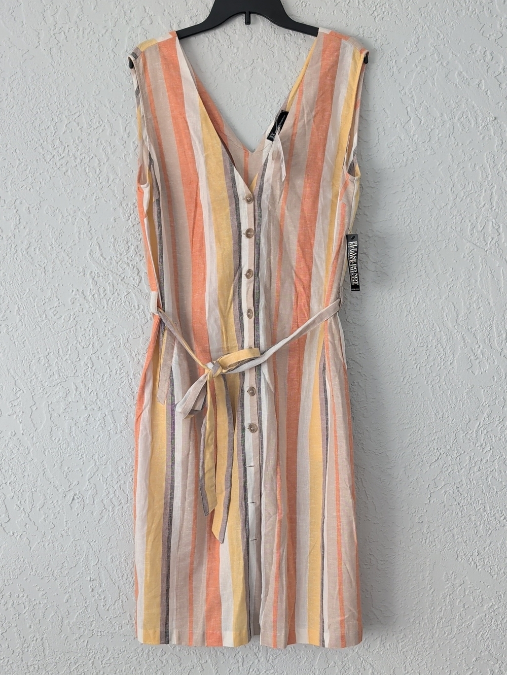 NEW NY & Co. Sleeveless Striped Button-Front Linen Blend Dress With Pockets | L